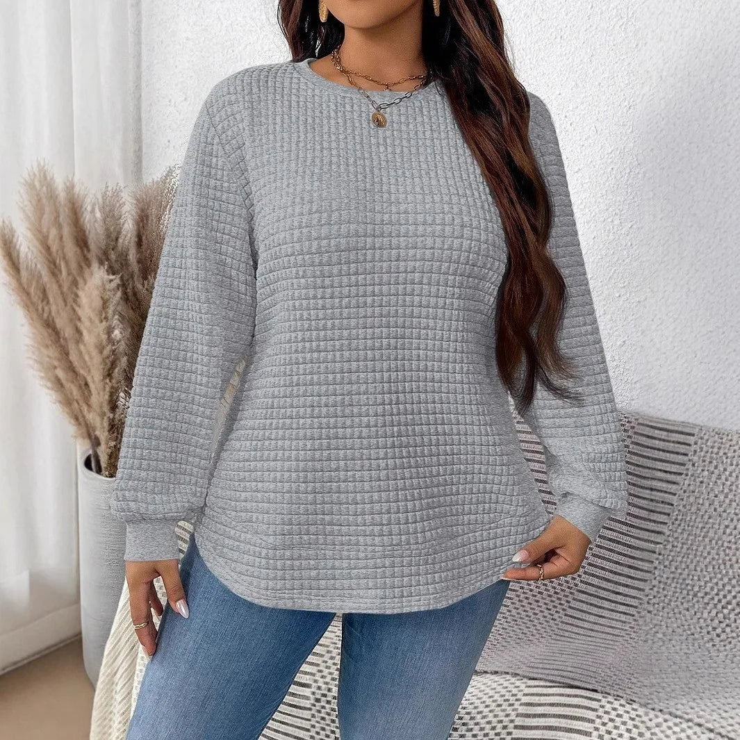 Plus-Size Women's Spring And Winter Fashion Casual Solid Color Checkered Pullover Sweatshirt Suitable For Commuting Travel