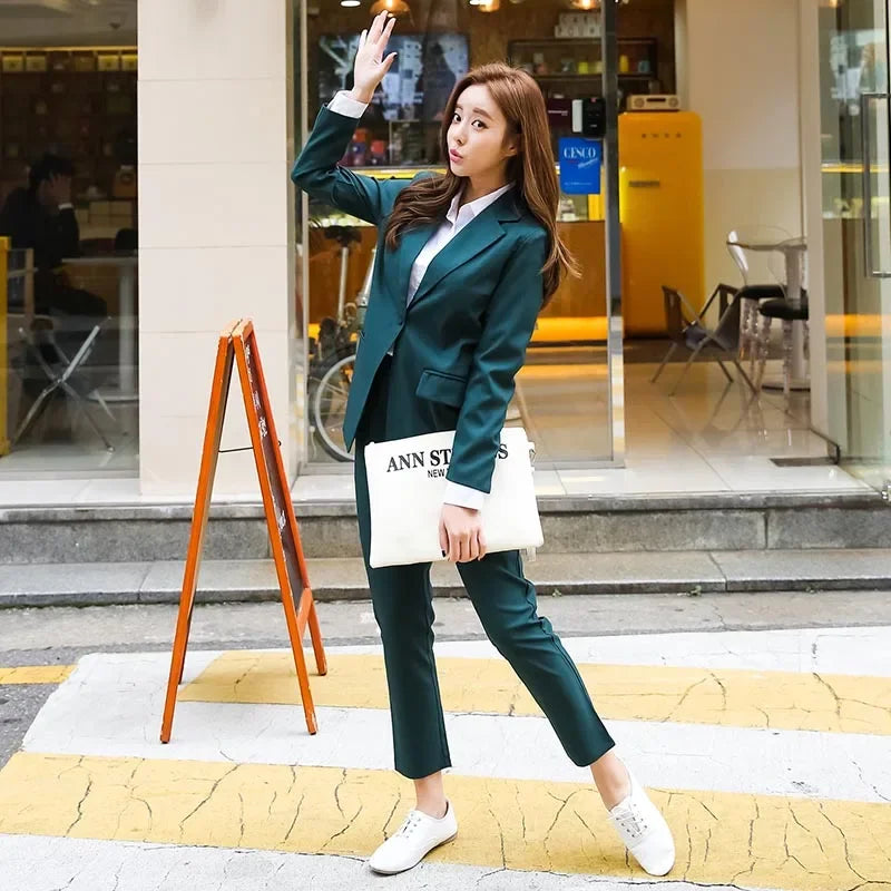 New Arrived Women Suit Fashion Slim Business Office OL Dark Green Jacket Set Formal Blazer + Pants Suits Feminino Female