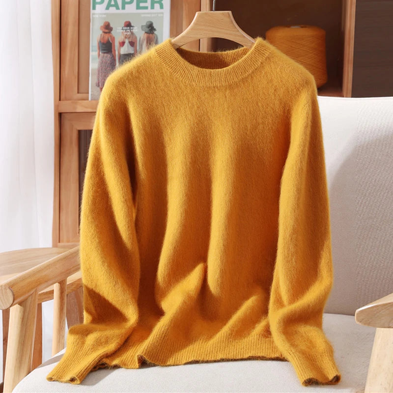 Autumn Winter Sweater Pullover Women's Clothing 100% Mink Cashmere Sweater Pullover O-Neck Basic Long Sleeve Warm Fleece Knitted