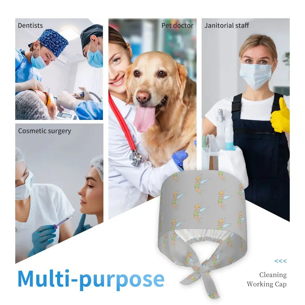 Custom Tinker Bell Breathable Nursing Work Cap Surgical Scrub Caps Unisex Nurse Medical Cap Cartoons Scrubs Hat Medical Surgical