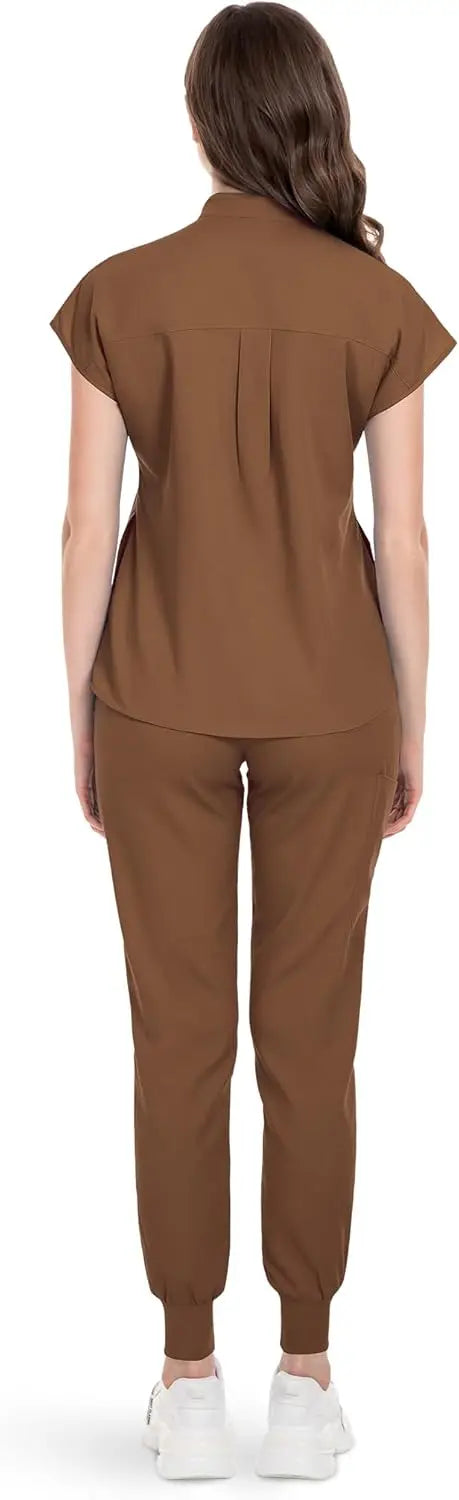 niaahinn Scrubs Set for Women Nurse Uniform Jogger Suit Stretch Top & Pants with Multi Pocket for Nurse Esthetician Workwear