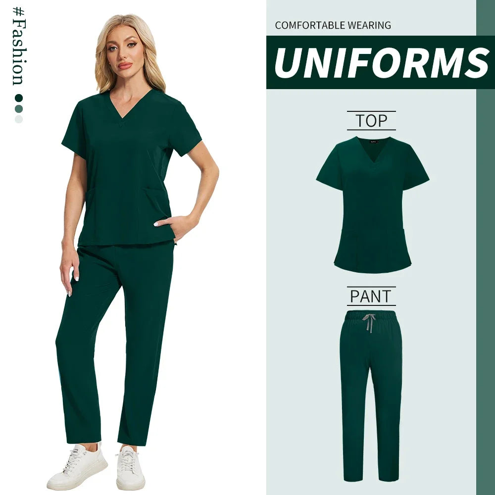 Women Health Service Nurse Uniforms Scrub Set Beauty Salon Spa Workwear Scrubs Top+Pant Doctor Nursing Tunic Suit