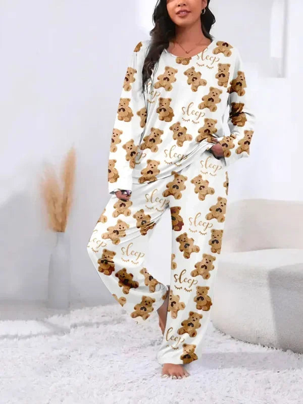 Plus Size Women's Fashion Winter Outfit Clothing Sets Flannel Pullover Warm Thicken Little Bear Graphical Round Neck Outfit