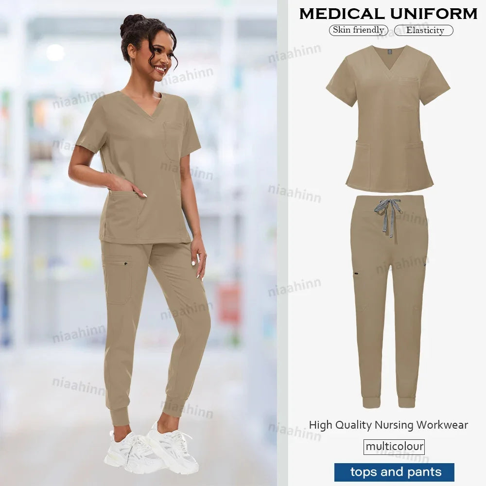 Doctor Nursing Uniforms Multicolour Jogger Suit V-neck Tops Pocket Pants Nurse Scrubs Set New Medical Clinical Clothes Women Men