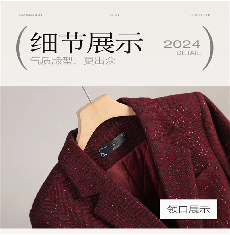 Autumn Winter Women Blazer Long Sleeve Single Button Formal Jacket Business Coat Ladies Office Woolen Suit Coat Female Outerwear