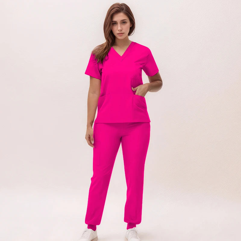 Short Sleeves Nurse Uniforms V-neck Top Jogger Pants  Women Surgical Scrubs Dentist Nursing Suit Pet Hospital Doctor Outfit S21