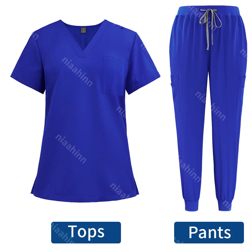 Niaahinn Surgical Uniforms Women Scrub Set Medical Nursing Workwear Dental Clinic Doctor Scrubs Tops+Pants Spa Work Unifrom Suit