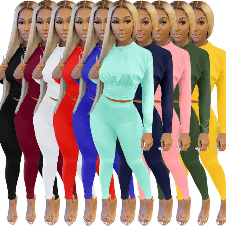 New Autumn Women's Pure Color Sports Waist Suit Fashion Casual Two-piece Set