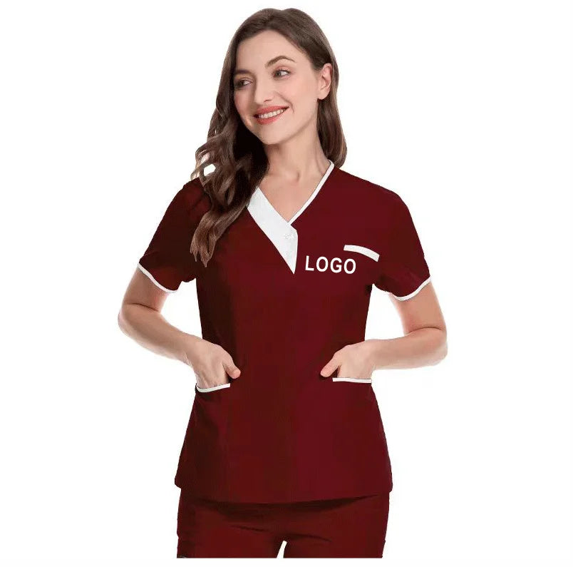 Custom Nurse UniformScrubs Tops Short Sleeve Pocket Clinic Nursing Scrub Tops Healthcare Carer Tunic Design Print Logo
