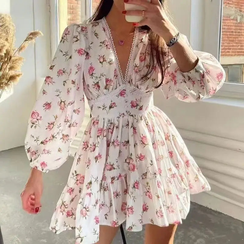 2025 New Women Summer Mini Dress Long Sleeve Flower Print Boho Dress Sexy V-Neck High Waist A-Line Dress Vestidos Clothes