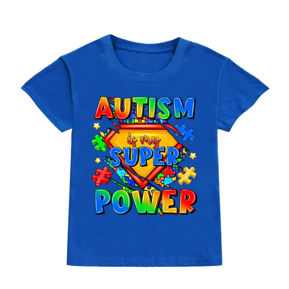 Autism Is My Superpower Kids Tshirt Autism Awareness Youth Shirt Toddler Short Sleeve Clothes Colorful Puzzle Boys Tee