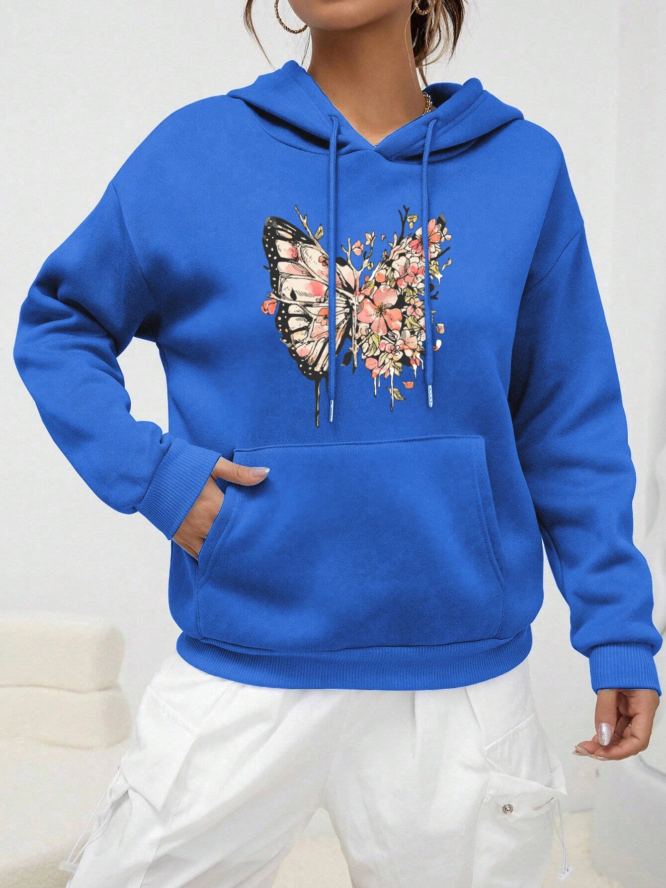 Half Butterfly Other Flower Prints Hoody Women Personality Cartoons Hoodie Fashion Fleece Pullovers Hip Hop Warm Clothes  Female