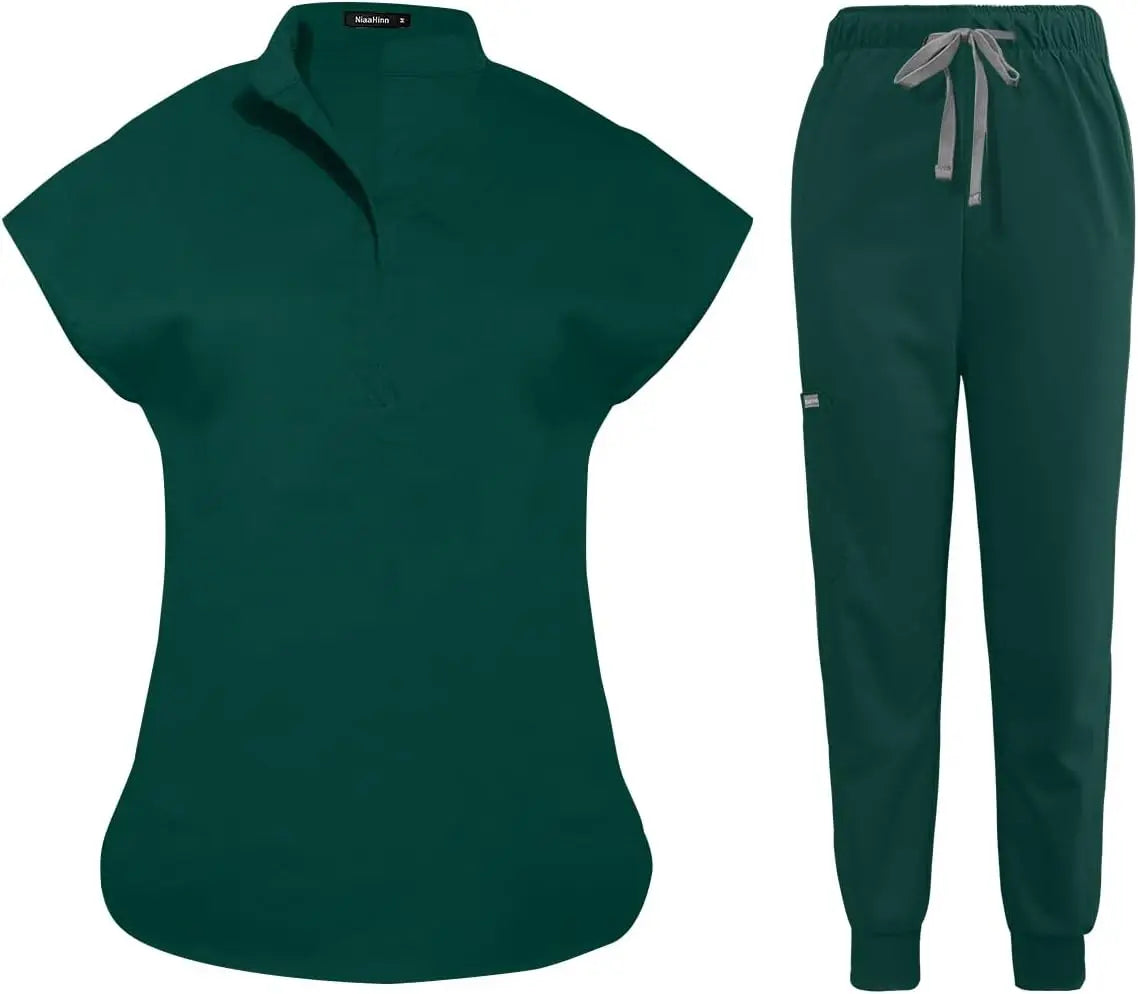 niaahinn Scrubs Set for Women Nurse Uniform Jogger Suit Stretch Top & Pants with Multi Pocket for Nurse Esthetician Workwear