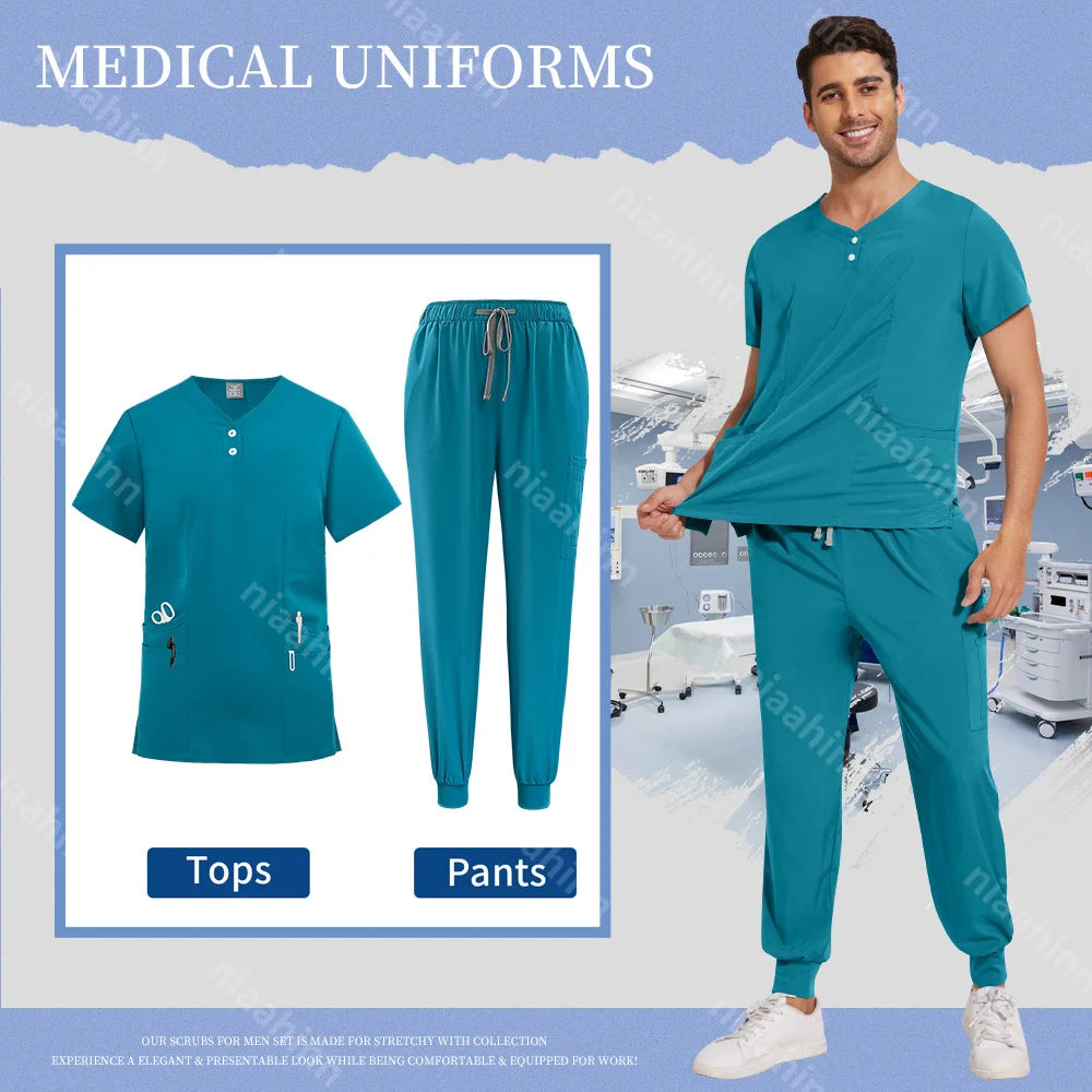 Scrubs Tops Jogger Pants Set Men Nurse Uniform Wholesale Lab Dustproog Workwear Doctor Uniform Suit for Men Medical Clothing Set