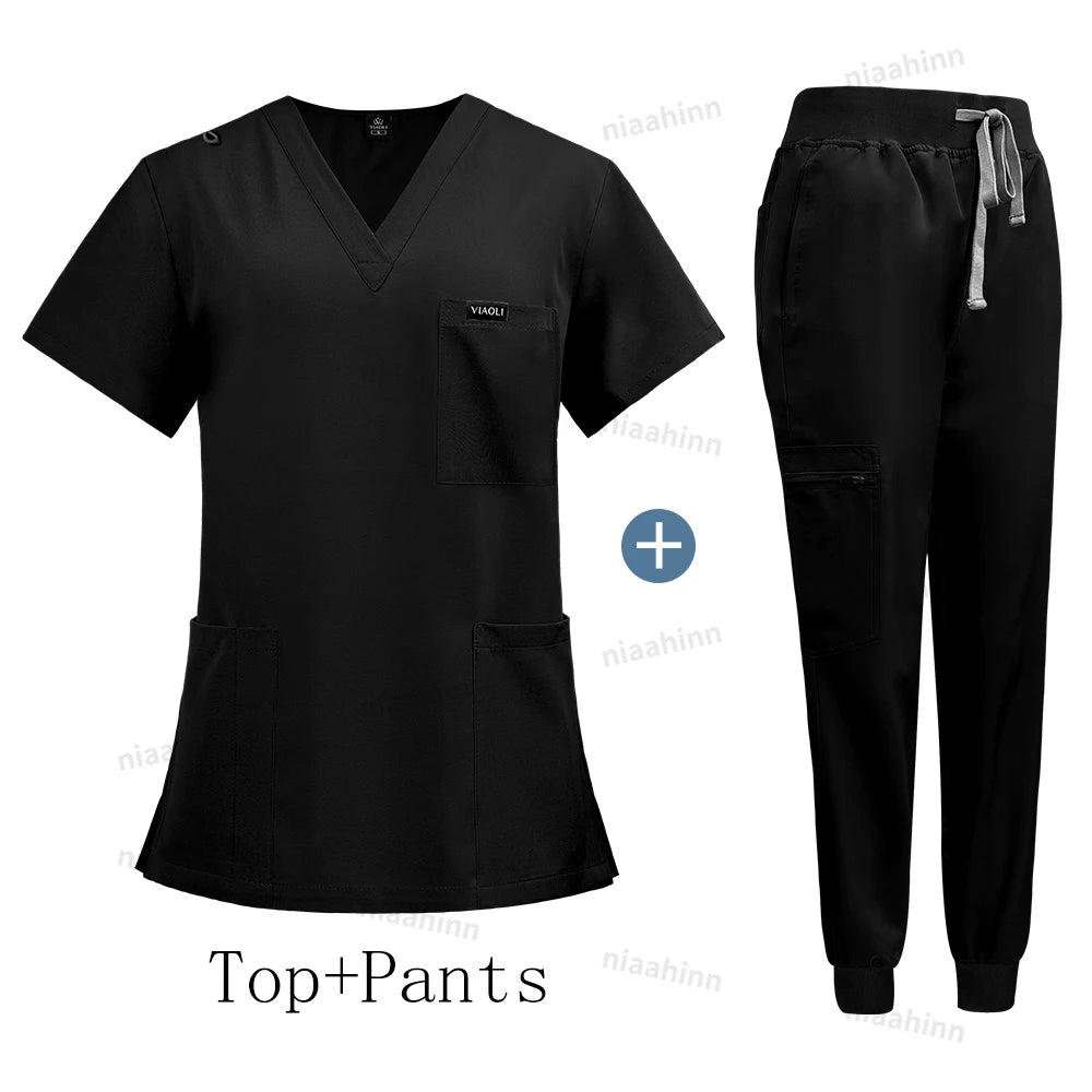 Wholesale Price Clinical Uniform Woman Hospital Doctor Work Wear Nurse Medical Clothing Short Sleeved Top Jogging Pants Set Mens