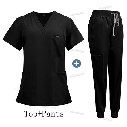 Wholesale Price Clinical Uniform Woman Hospital Doctor Work Wear Nurse Medical Clothing Short Sleeved Top Jogging Pants Set Mens
