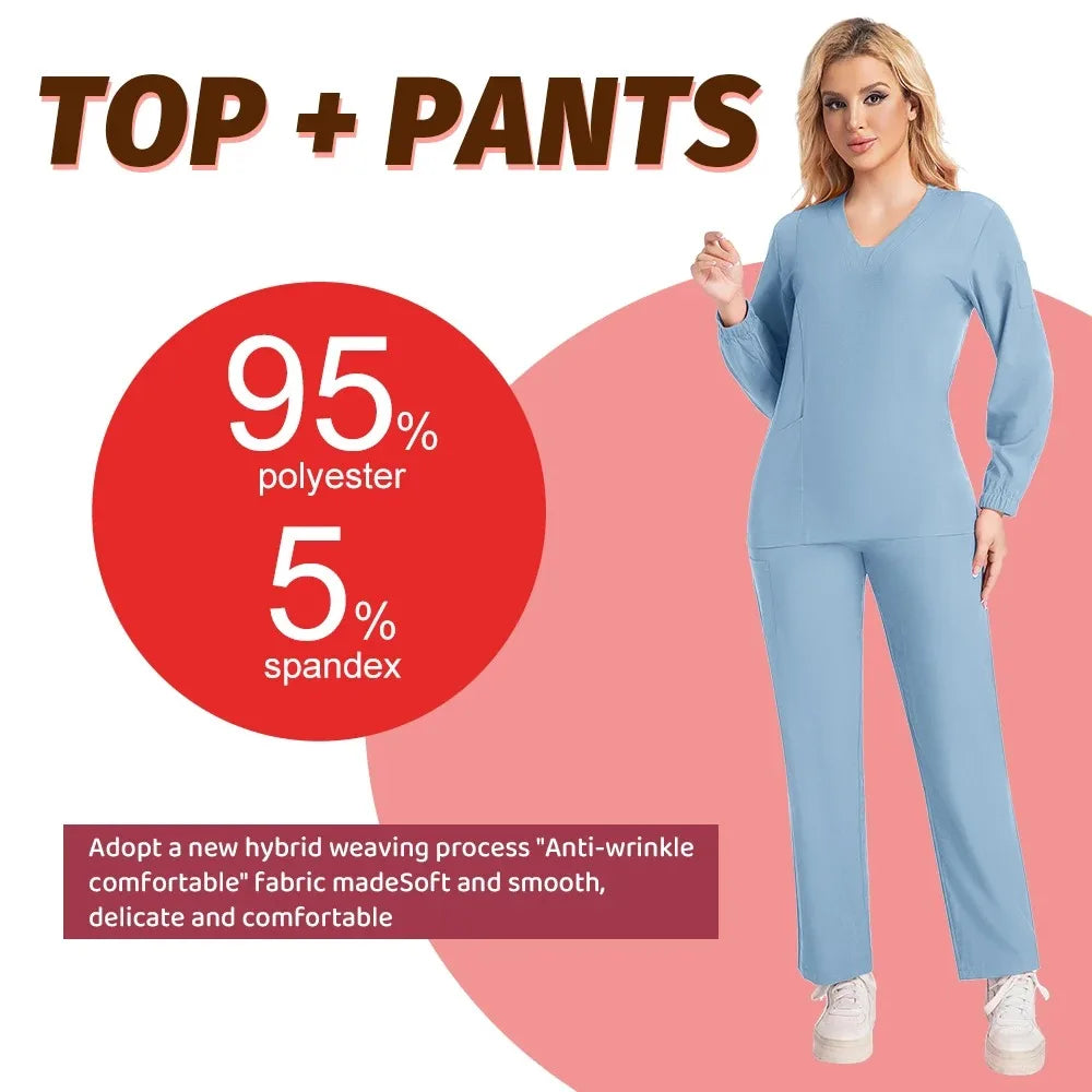 Long sleeves Scrubs Medical Scrub Soft Breathable Jogger Pants Set Surgical Uniforms Woman NursingClinical Doctor Workwear