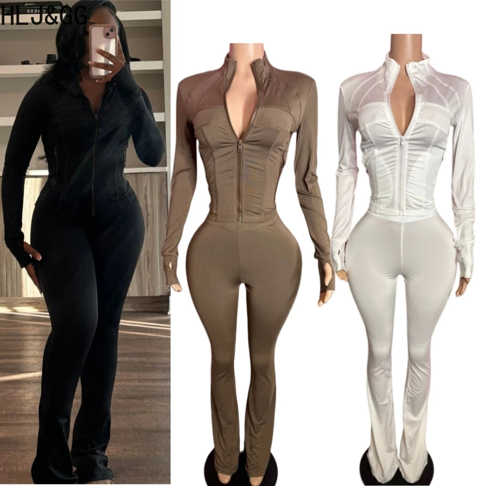 HLJ&GG Casual Solid Sporty Two Piece Sets Women Zipper Long Sleeve Slim Top And Skinny Pants Outfits Spring New 2pcs Tracksuits