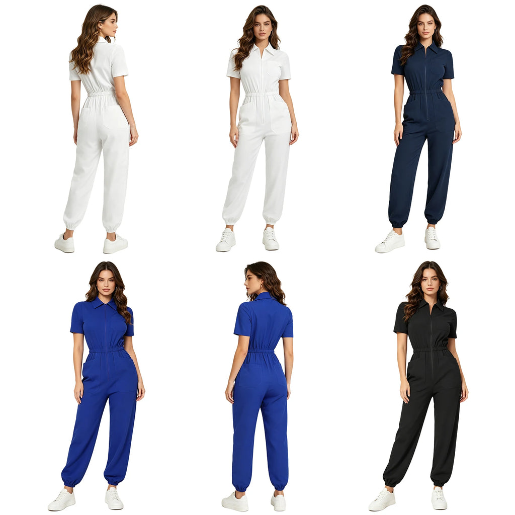 Women Scrub Jumpsuit Nurse Doctor Medical Esthetician Workwear Short Sleeve Multi-pockets Elastic Waist Jogger Pants Rompers