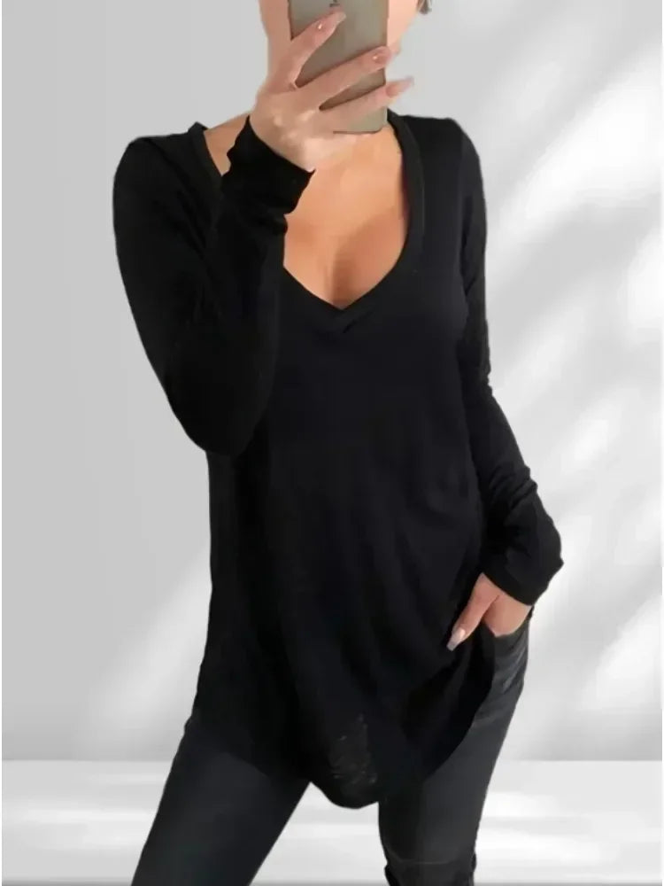 Women's Plus Size1XL-5XL Fashion V-neck Long Sleeved T-shirt Ladies Casual Simple Solid Color T-shirt