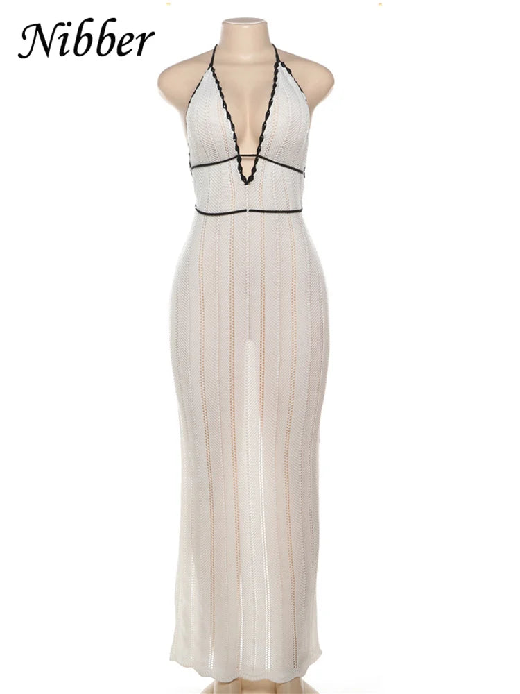 Nibber Sexy Elegant Halter Dress Women Summer Backless Lace-Up Color-Block Sleeveless Trendy Nightclub Wild Fashion Clothing