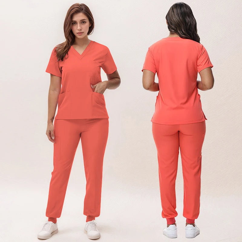 Short Sleeves Nurse Uniforms V-neck Top Jogger Pants  Women Surgical Scrubs Dentist Nursing Suit Pet Hospital Doctor Outfit S21