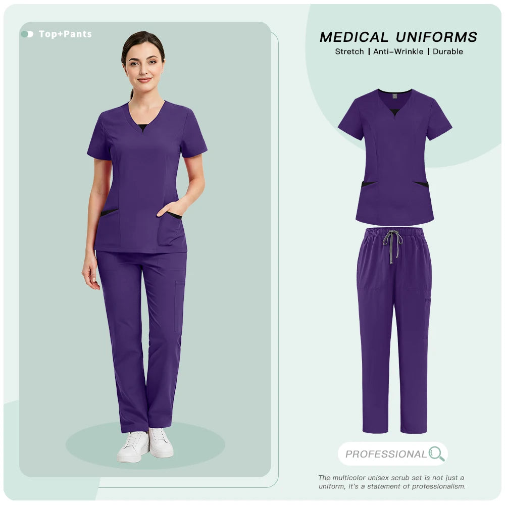 Medical Uniforms for V-neck Hospital Nurse Scrubs Set Women Doctor Workwear Oral Dental Surgery Work Top+Pants New Beauty Suit