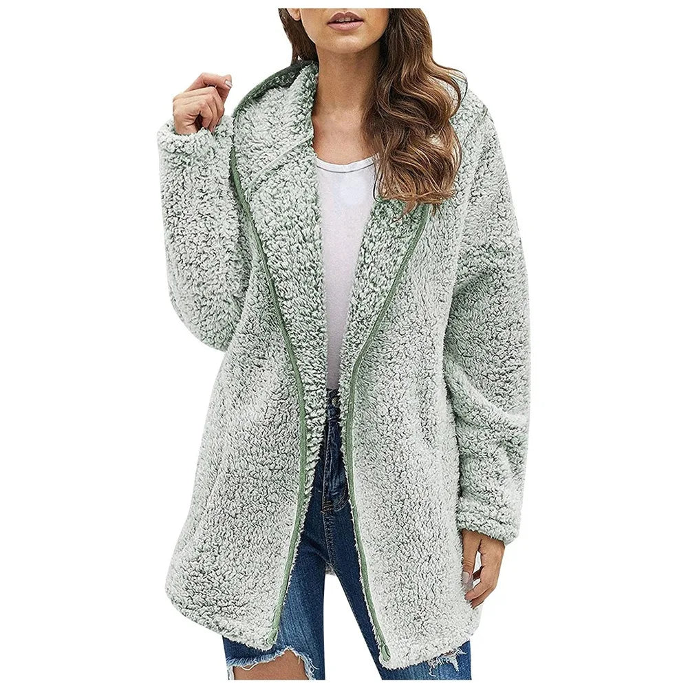 Autumn and Winter New Casual Solid Colour Lapel Hooded Long-sleeved Plush Sweater Fleece Jacket