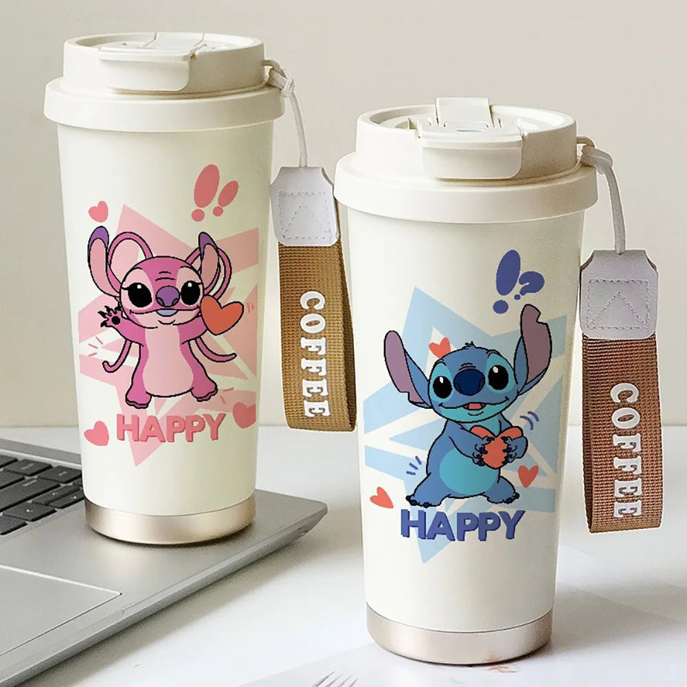 600ML Kawaii Stitch Anime Straw Cup 304 Stainless Cartoon Thermos Cup Portable Double Drinking Water Bottle Gifts For Boys Girls
