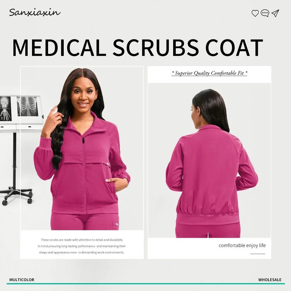 Long Sleeved Medical Scrub Jacket Pharmacy Uniform Women Solid Nurse Hospital Scrub Coat Surgical Uniforms Beauty Salon Workwear