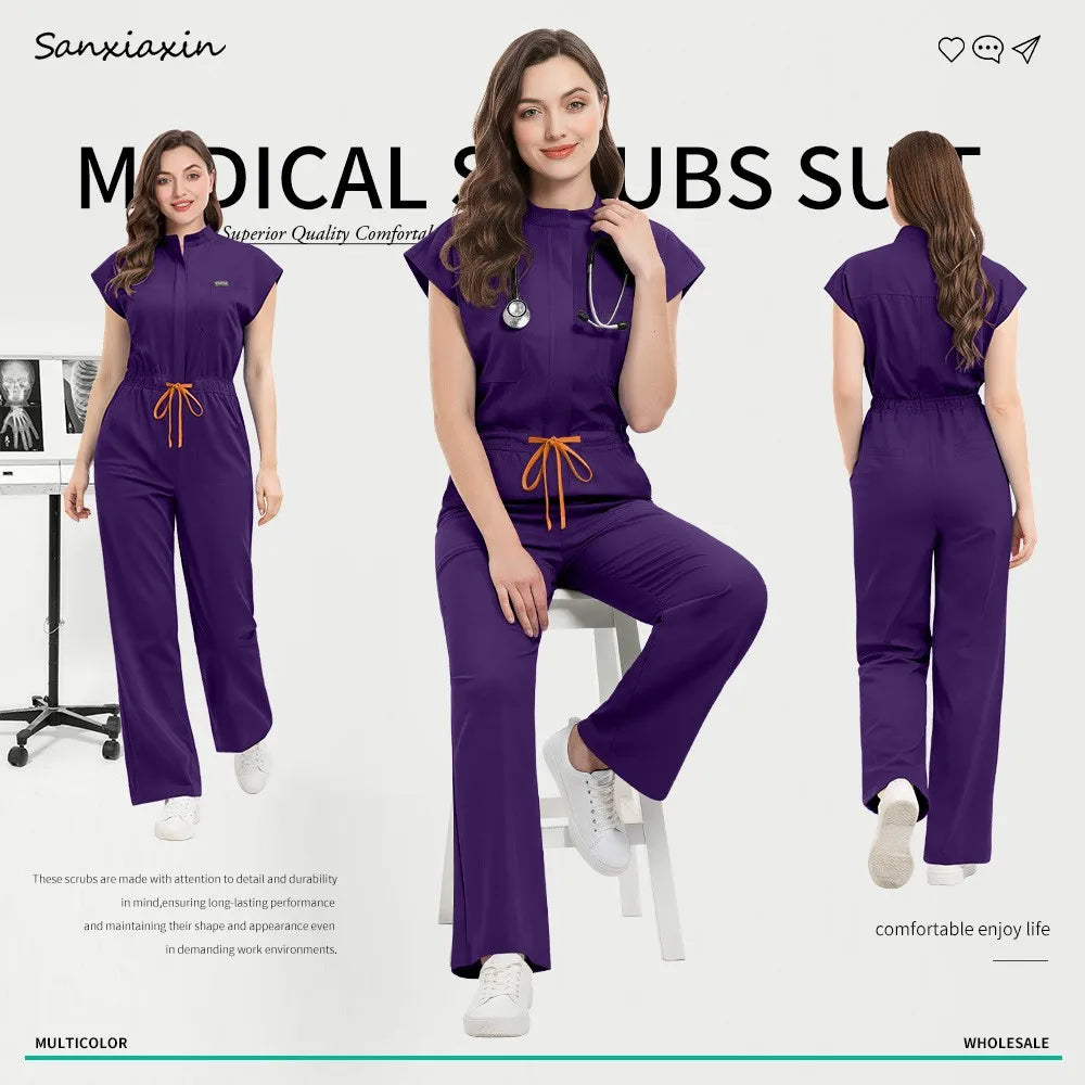 Slim Fitting Elasticity Scrubs Workwear Operating Room Medical Uniforms Nurse Scrubs Jumpsuit Women Solid Color Surgery Clothing