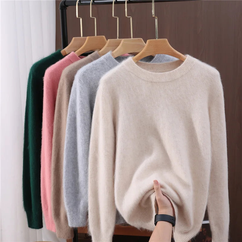 Autumn Winter Sweater Pullover Women's Clothing 100% Mink Cashmere Sweater Pullover O-Neck Basic Long Sleeve Warm Fleece Knitted