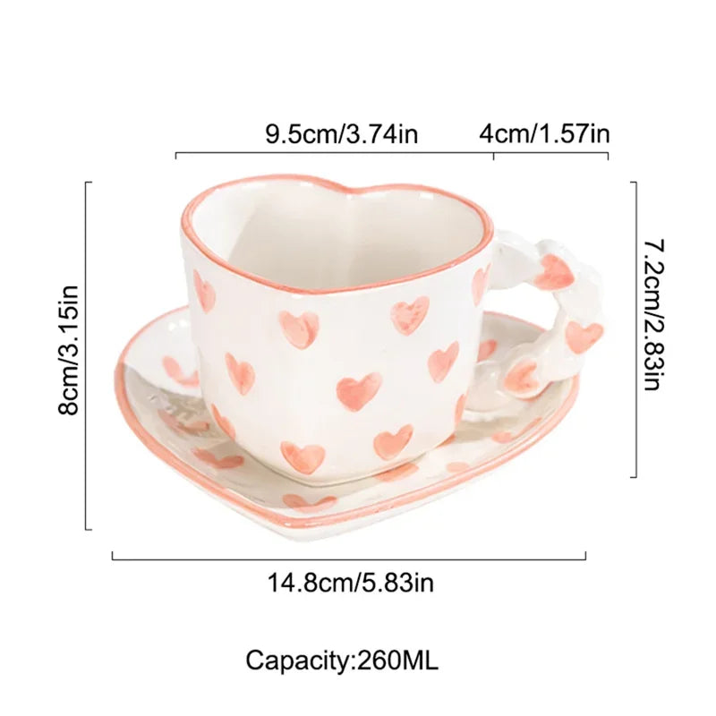 Cute Ins Style Heart Shape Coffee cup with Saucer Hand Painted Love Ceramics Mug Festival Gifts Afternoon tea Cup Breakfast cups