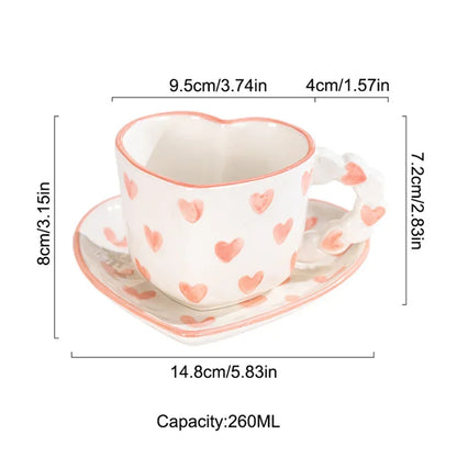 Cute Ins Style Heart Shape Coffee cup with Saucer Hand Painted Love Ceramics Mug Festival Gifts Afternoon tea Cup Breakfast cups