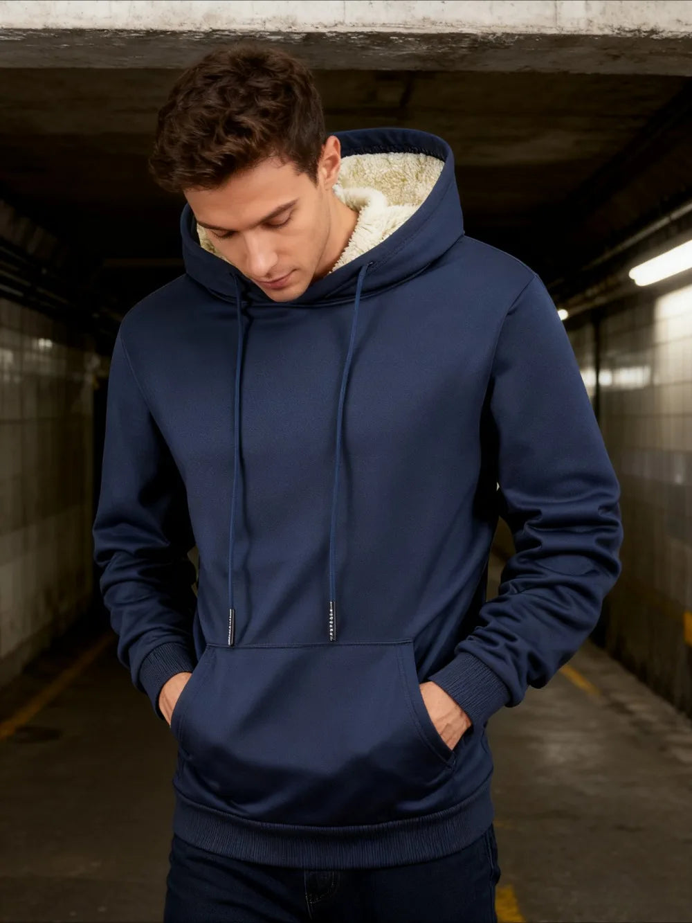 Winter Men's Fleece Hoodies Solid Color Casual Warm Long Sleeve Pullover New Crew Neck Hooded Sweatshirt Streetwear Men Clothing