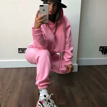 Winter Tracksuit Women Two Piece Set - Oversized Hoodie Sweatpants Solid Color Sportswear Suit |Casual Sweatshirt Trouser Set