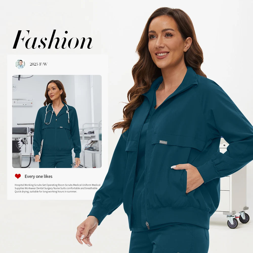 Niaahinn Nursing Scrubs Jackets Long Sleeve Professional Nurse Scrubs Uniforms Pharmacy Jacket Zipper Coat Outdoor Work Uniforms