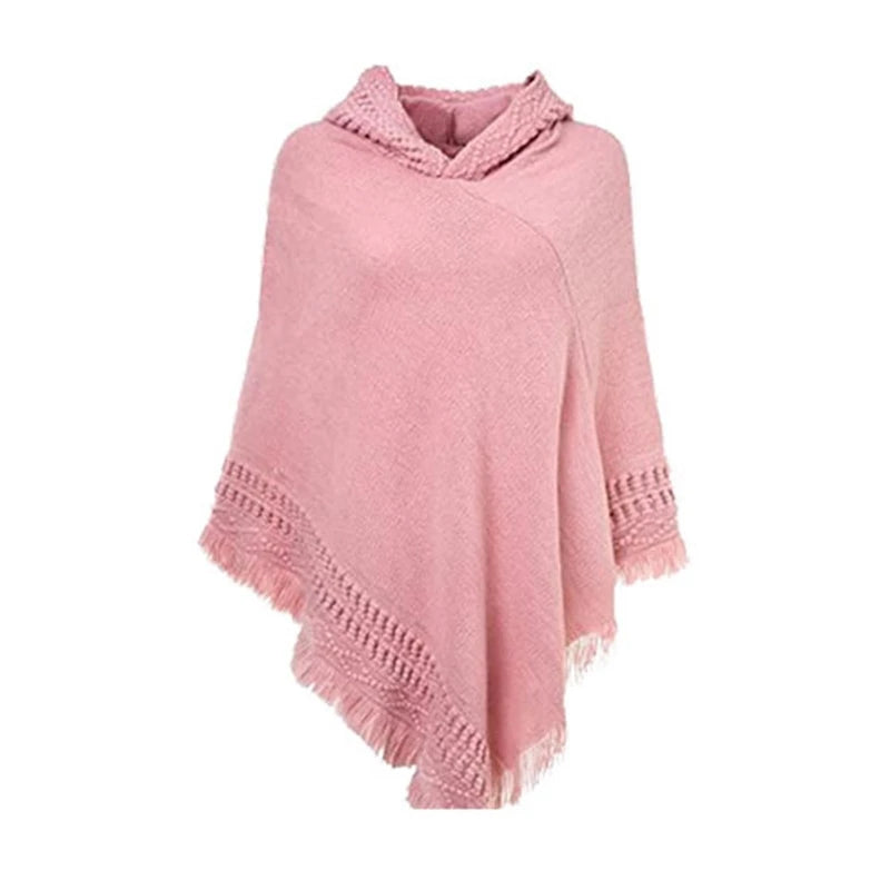 Women Winter Warm Knitted Hooded Poncho Cape Solid Color Crochet Fringed Tassel Shawl Wrap Oversized Pullover Cloak Sweater Top