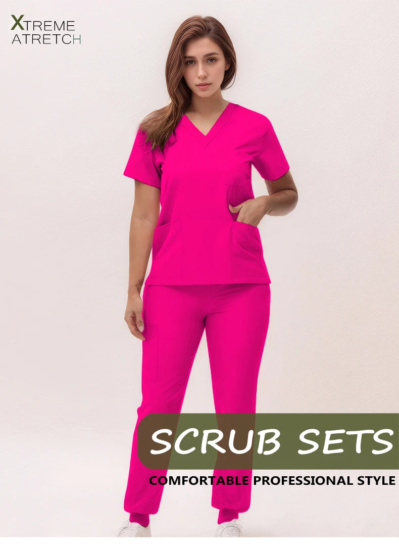 Short Sleeves Nurse Uniforms V-neck Top Jogger Pants  Women Surgical Scrubs Dentist Nursing Suit Pet Hospital Doctor Outfit S21
