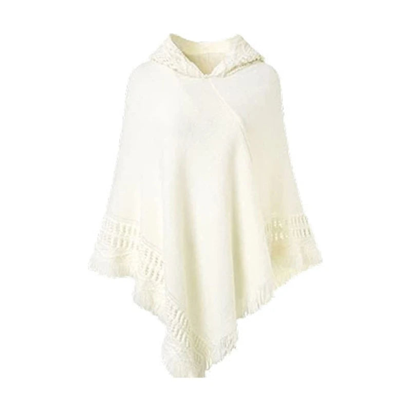 Women Winter Warm Knitted Hooded Poncho Cape Solid Color Crochet Fringed Tassel Shawl Wrap Oversized Pullover Cloak Sweater Top
