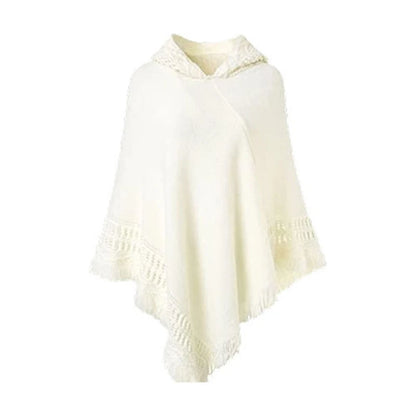 Women Winter Warm Knitted Hooded Poncho Cape Solid Color Crochet Fringed Tassel Shawl Wrap Oversized Pullover Cloak Sweater Top
