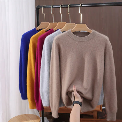 Autumn Winter Sweater Pullover Women's Clothing 100% Mink Cashmere Sweater Pullover O-Neck Basic Long Sleeve Warm Fleece Knitted