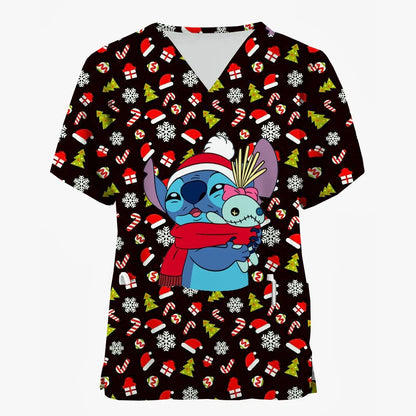 2024 Disney Uniform Women's Cartoon Stitch Print Nurse Work Shirt Pocket Gown Christmas Healthcare Nurse Scrubs