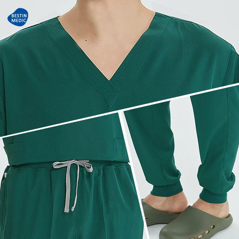 Green Hospital Work Uniforms Short-sleeved Doctor Outfit Clinical Scrub Set for Women Men Nurse V-neck Top Jogger Pant Scrub S21