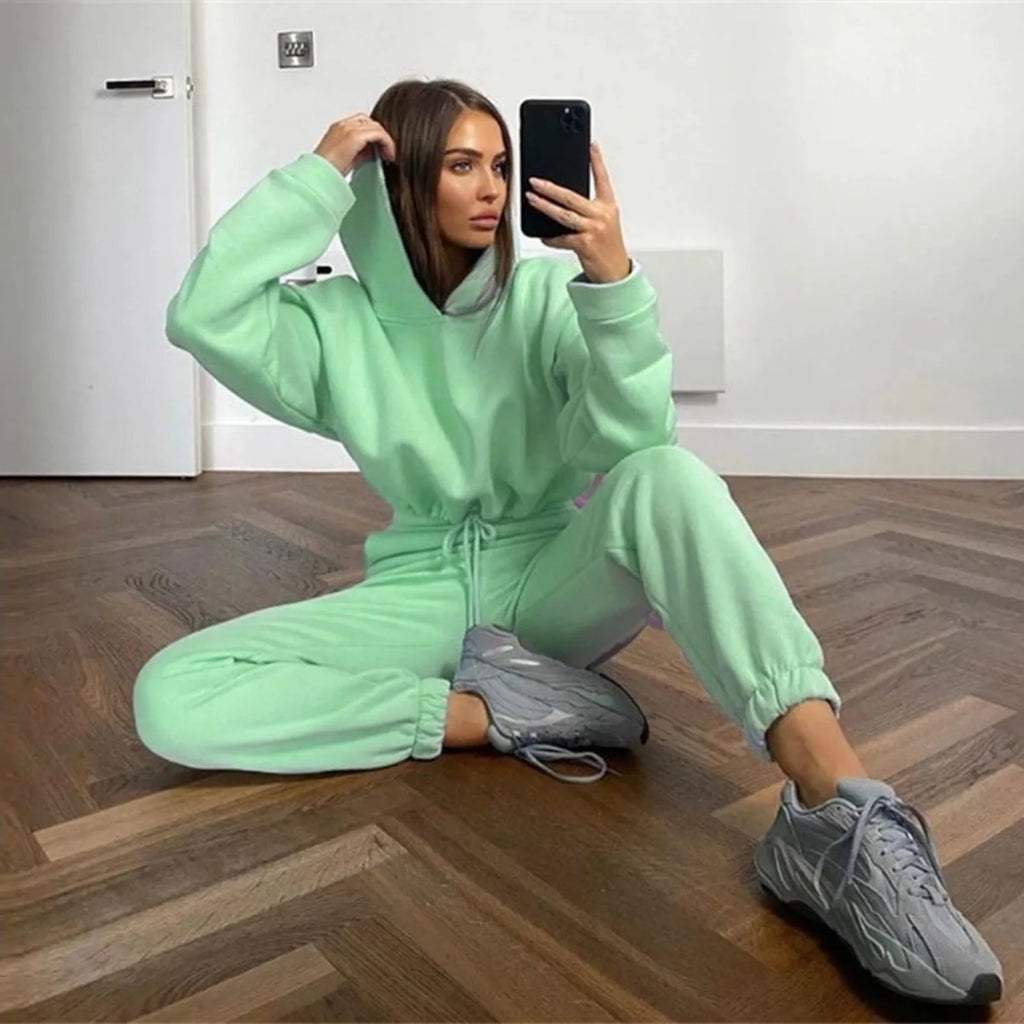 Winter Tracksuit Women Two Piece Set - Oversized Hoodie Sweatpants Solid Color Sportswear Suit |Casual Sweatshirt Trouser Set