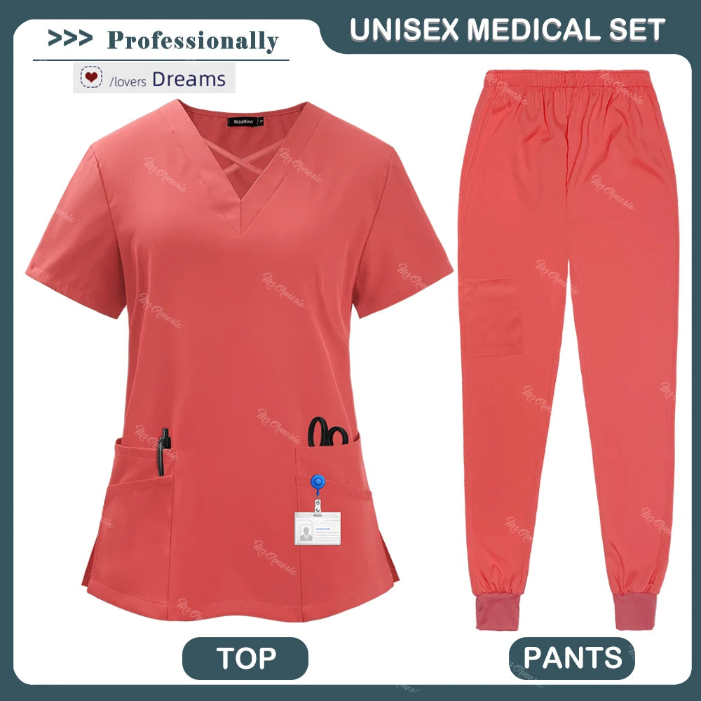 Beauty Tops+pants Medical Uniform Surgery Scrubs Set Short Sleeve Pet Shop Doctor Nurse Nursing Uniform Women Workwear Scrub Set