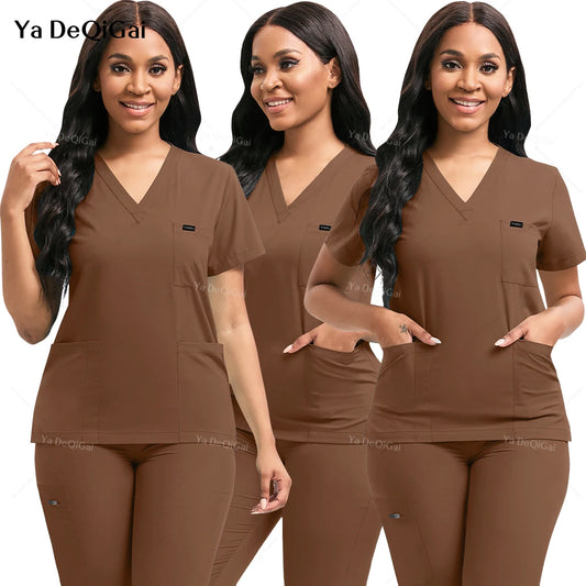 Brown Scrubs Set Wholesale Operating Room Uniforms Medical Scrubs Set Hospital Workwear Dental Beautician Top Pants Surgery Suit