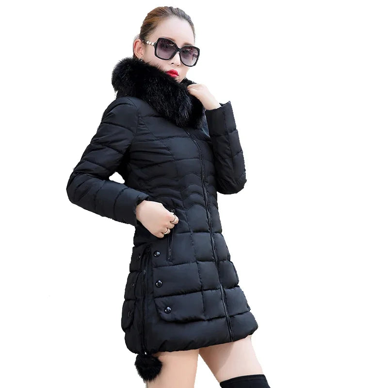 Winter Jacket Women winter coat pure color casual Fur Collar Hooded long hooded cotton lady jacket