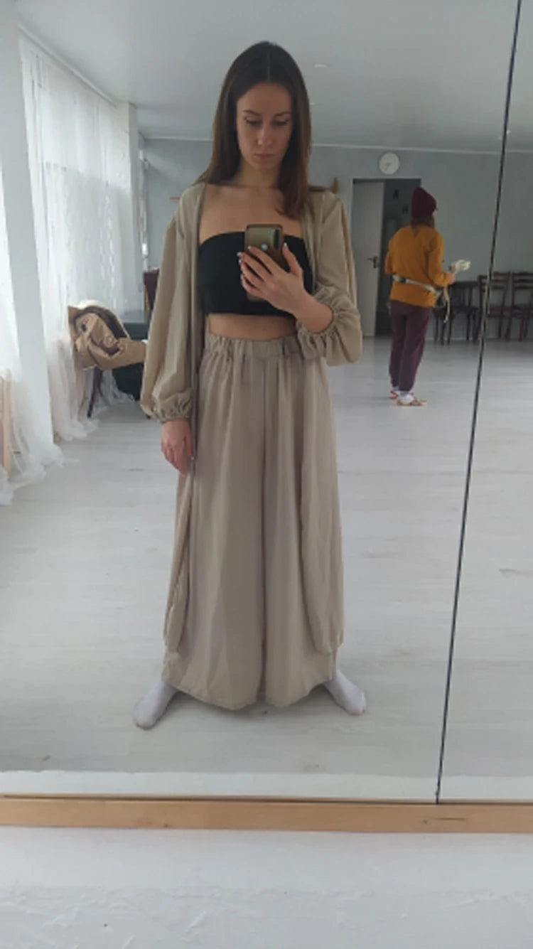 Women 3 Piece Sets Homewear Fashion Casual Lantern Sleeve Cardigan Tops+Wide Leg Pants Suits Lady Spring Soft Three Piece Outfit