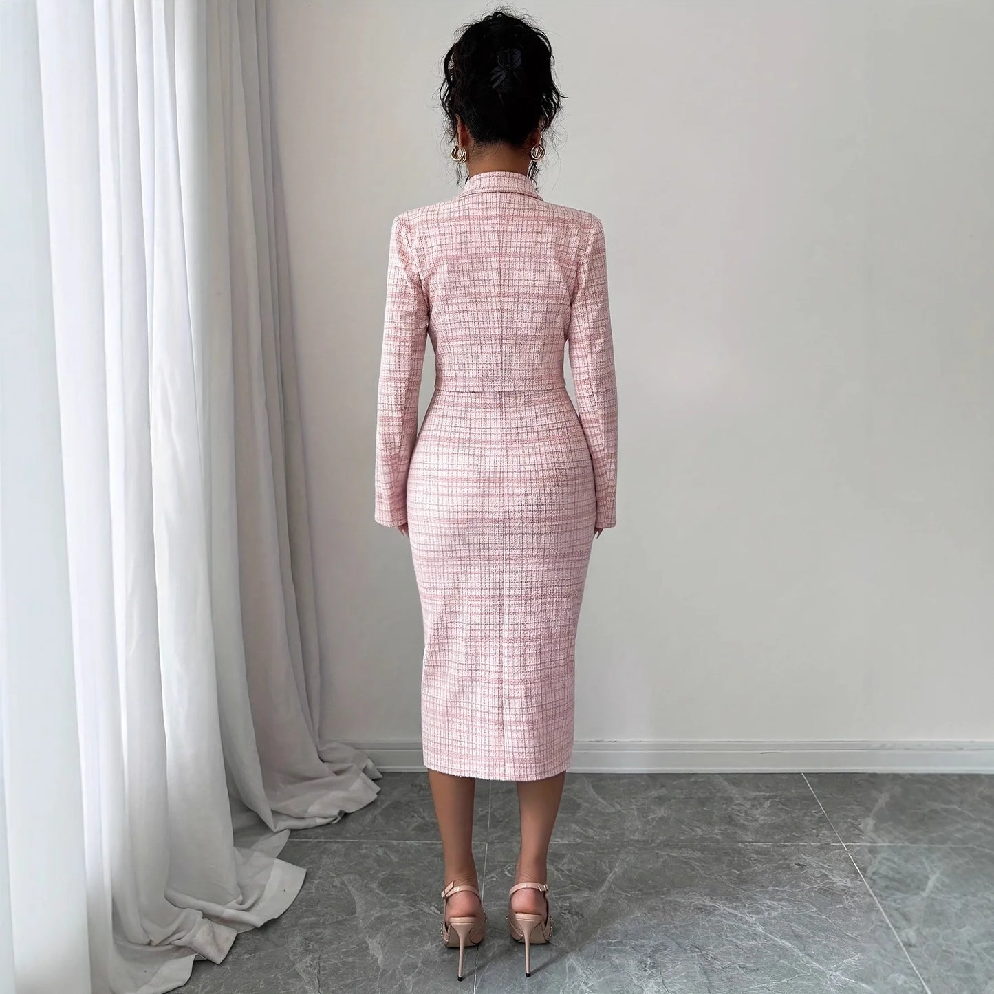 Dress Suits Women Coat Sheath Dresses 2 Piece Sets Suit Jacket Sundress Plaid Print Outfits Vestidos Office Lady Spring 2026